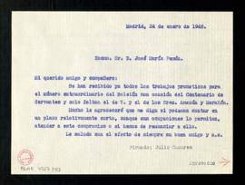 Copia sin firma de la carta de Julio Casares a José María Pemán en la que le recuerda que debe en...
