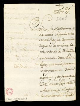 Carta de Francisco Antonio de Angulo al duque de Alba en la que le comunica que la Academia se ha...