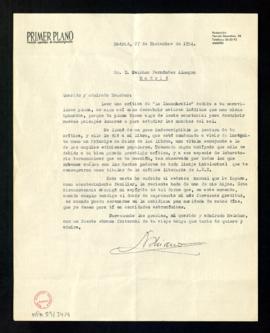 Carta de Adriano del Valle a Melchor Fernández Almagro en la que expresa su agradecimiento por la...