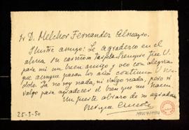 Carta de Enrique Chicote a Melchor Fernández Almagro en la que le agradece su cariñosa tarjeta
