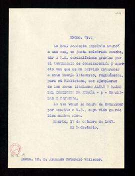Copia sin firma del oficio del secretario a Armando Cotarelo de traslado del agradecimiento de la...