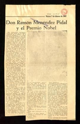 Recorte del diario Informaciones con el artículo Don Ramón Menéndez Pidal y el Premio Nobel, por ...