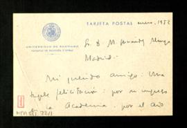 Carta de Federico Suárez a Melchor Fernández Almagro en la que le felicita por su ingreso en la A...