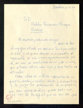 Carta de Ana María Matute a Melchor Fernández Almagro en la que le agradece el artículo que dedic...