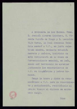 Copia sin firma del oficio del secretario a Antolín Gutiérrez Cuñado de traslado de su nombramien...