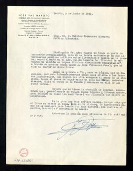 Carta de José Paz Maroto a Melchor Fernández Almagro con la que le envía, a través de Juan Fernán...