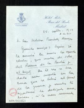 Carta de José María Pemán a Melchor Fernández Almagro con la que le envía la segunda edición del ...