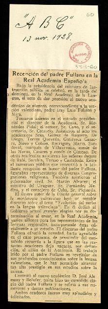 Recepción del padre Fullana en la Real Academia Española