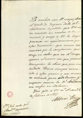 Carta de Andrés Ponce a Francisco Antonio de Angulo por la que agradece el nombramiento de impres...