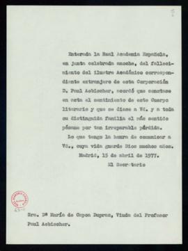Copia del oficio de pésame del secretario a María de Capoa Dupraz, viuda del profesor Aebischer