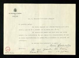 Carta de Amós Salvador, diputado a Cortes por Logroño, a Melchor Fernández Almagro en la que le a...