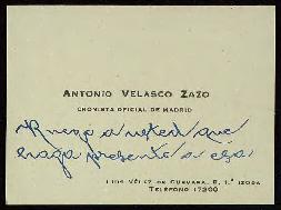 Tarjeta de visita de Antonio Velasco Zazo en la que expresa su condolencia por el fallecimiento d...