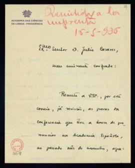 Carta de Julio Dantas, presidente de la Academia de las Ciencias de Lisboa, a Julio Casares con l...
