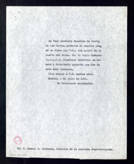 Copia del oficio del secretario accidental, Rafael Lapesa, a Samuel R. Quiñones, director de la A...