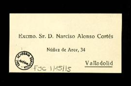 Nota con las señas postales de Narciso Alonso Cortés