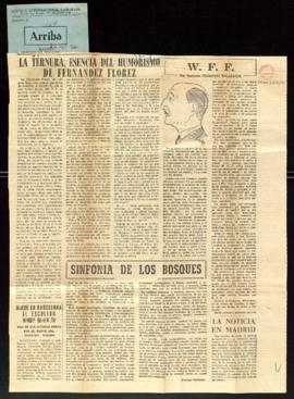 Recorte de prensa del diario Arriba con varios artículos dedicados a Wenceslao Fernández Flórez, ...