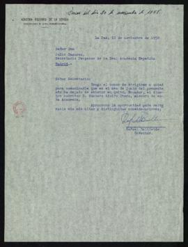 Carta de Rafael Ballivián a Julio Casares en la que le informa sobre el fallecimiento de Gustavo ...