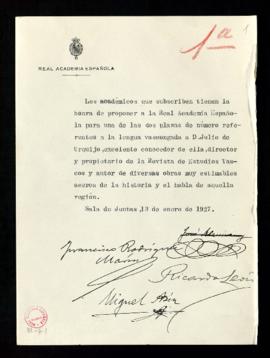 Propuesta de Francisco Rodríguez Marín, Ricardo León, Miguel Asín y de José Alemany a favor de Ju...