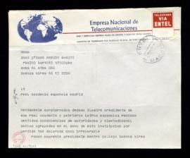 Telegrama de Ramón Mourente, presidente del Centro Gallego de Buenos Aires, a la Real Academia Es...