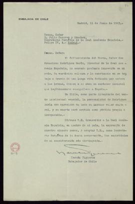 Carta de Hernán Figueroa, embajador de Chile, a Julio Casares, secretario, en la que le ruega que...