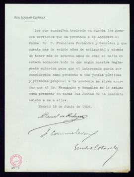 Propuesta de Daniel de Cortázar, F[rancisco] Commelerán y Emilio Cotarelo para que se considere a...