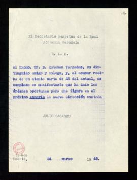 Copia del besalamano del secretario, Julio Casares, a Esteban Terradas de acuse de recibo de su c...