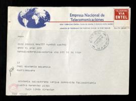 Telegrama de Hugo Lindo, director de la Academia Salvadoreña, a la Real Academia Española con el ...
