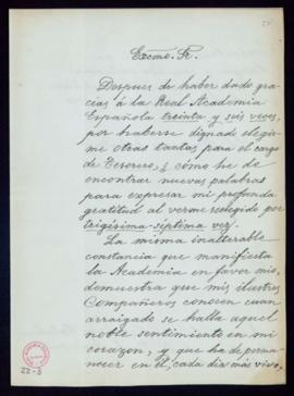 Carta del marqués de Valmar al secretario, Mariano Catalina, de agradecimiento a la Academia por ...