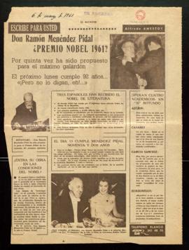 Recorte del diario El Alcázar con el artículo Don Ramón Menéndez Pidal ¿Premio Nobel 1961?, por A...