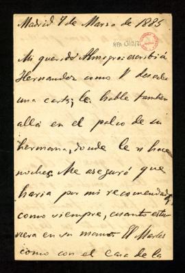 Carta de Emilio Castelar a Melchor Almagro en la que le dice que escribió a Hernández y le habló ...