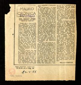 Recorte del diario Pueblo con la crónica titulada Don Antonio Rodríguez-Moñino, un erudito de ver...