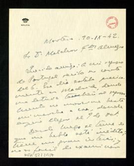 Carta de Gabriel Maura Gamazo a Melchor Fernández Almagro en la que le dice que ha recibido su ca...