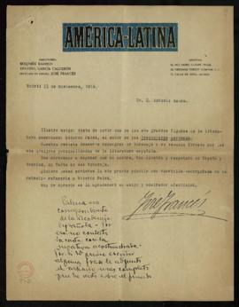 Carta de José Francés, delegado en España de la revista América-Latina, a Antonio Maura, en la qu...