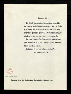 Copia sin firma del oficio del secretario [Alonso Zamora Vicente] a Salvador Fernández Ramírez, e...