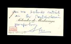 Tarjeta de visita de Salvador de Madariaga en la que envía saludos al bibliotecario