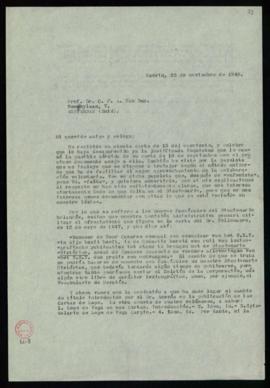 Minuta de la carta de Julio Casares a C. F. A. van Dam en la que le anuncia que la Comisión admin...