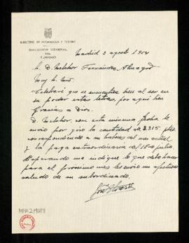 Carta de José Álvaro a Melchor Fernández Almagro en la que le dice que le envía por giro 3315 pes...