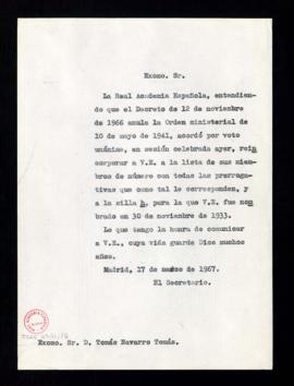Copia sin firma del oficio del secretario a Tomás Navarro Tomás de traslado de su reincorporación...