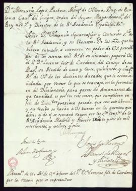 Orden del marqués de Villena de libramiento a favor de Lorenzo Folch de Cardona de 550 reales de ...