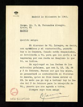 Carta de Gabriel Maura Gamazo a Melchor Fernández Almagro en la que le informa de que los discurs...