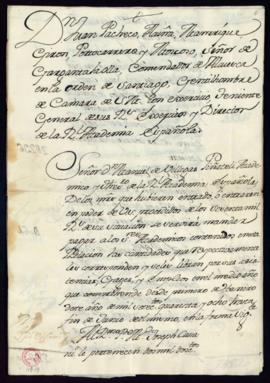 Orden del marqués de Villena de abono a los señores académicos por asistencias, gajes y demás enc...