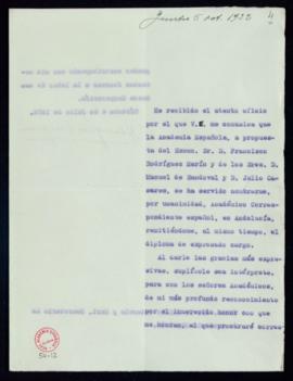 Carta de Benigno Íñiguez a Emilio Cotarelo en la que acusa recibo del oficio de comunicación de s...