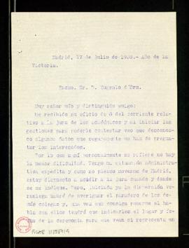 Copia de la carta de Julio Casares a Eugenio d'Ors en la que le asegura qye no tiene la menor dif...