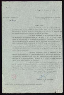 Oficio del embajador de España en Bolivia, Joaquín Rodríguez de Gortázar, al ministro de Asuntos ...