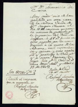 Carta de Rafael Sánchez de Aguilera a Mauricio de Cano sobre la recepción de 40 resmas de protoco...