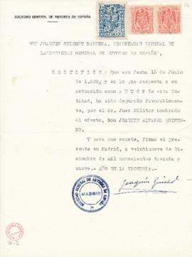 Certificación de Joaquín Guichot Barrera, secretario de la Sociedad general de Autores españoles,...