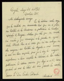Carta de Antonio Gómez Restrepo al secretario en la que le indica que no ha recibido el Boletín d...