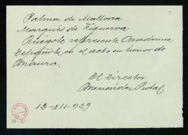 Carta del director Ramón Menéndez Pidal a Juan de Armada y Losada, marqués de Figueroa, en la que...