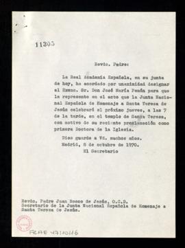 Copia sin firma del saluda del secretario [Rafael Lapesa] a Juan Bosco de Jesús, secretario de la...