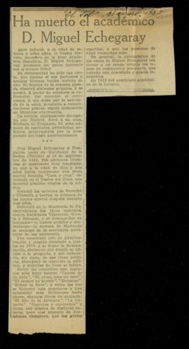 Recorte del diario El Sol de 21 de enero de 1927, con la noticia del fallecimiento de Miguel Eche...